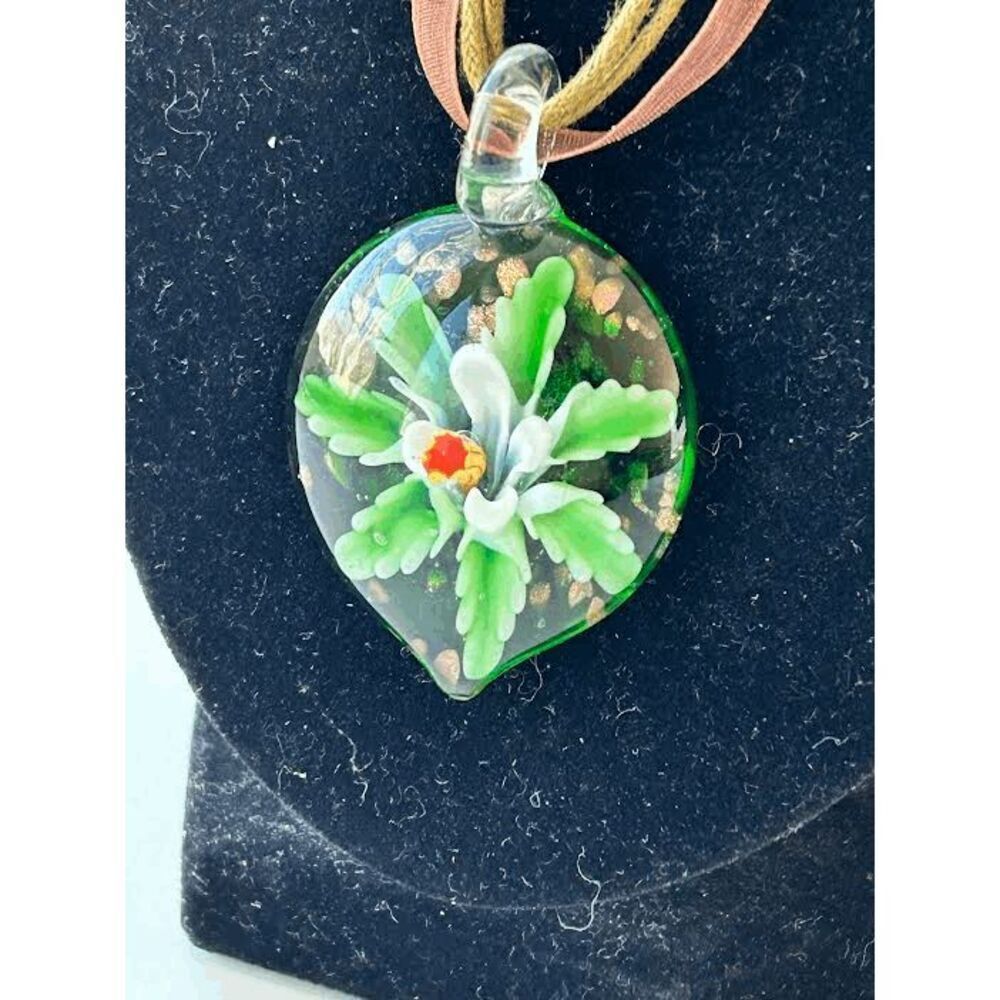 Modern Floral Blown Glass Fairy Pendent Necklace W/Ribbon Strap